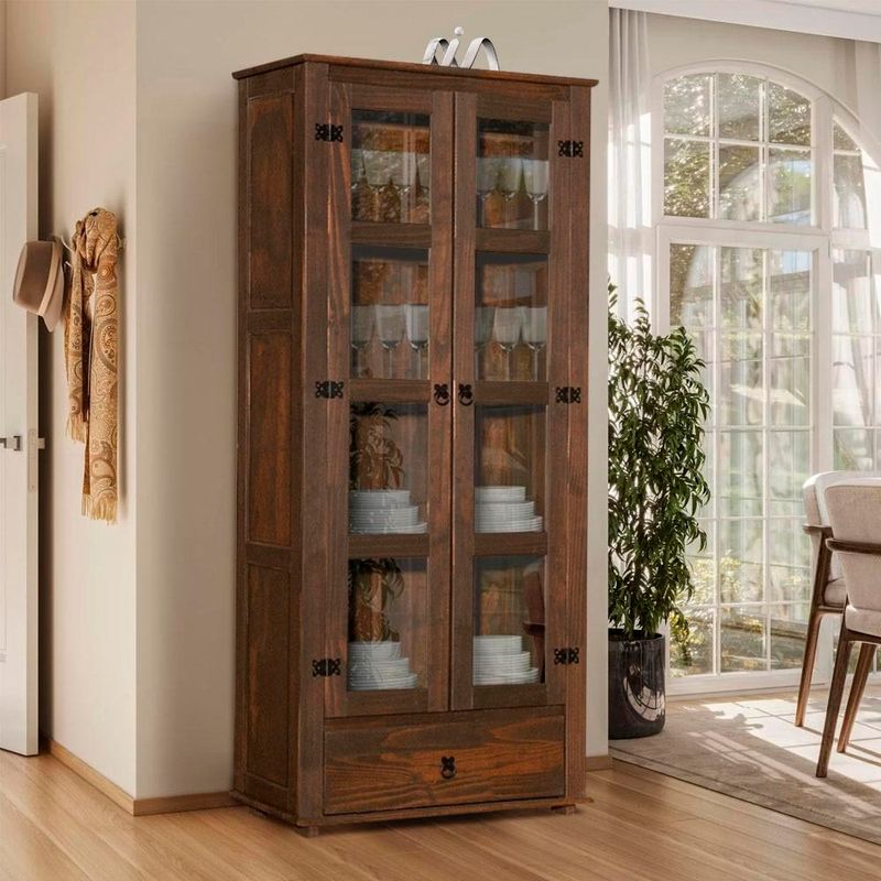Cristaleira-Rustica-Madeira-Macica-2-Portas-Vidro-1-Gaveta-Imbuia-Classic-Shop-JM-02