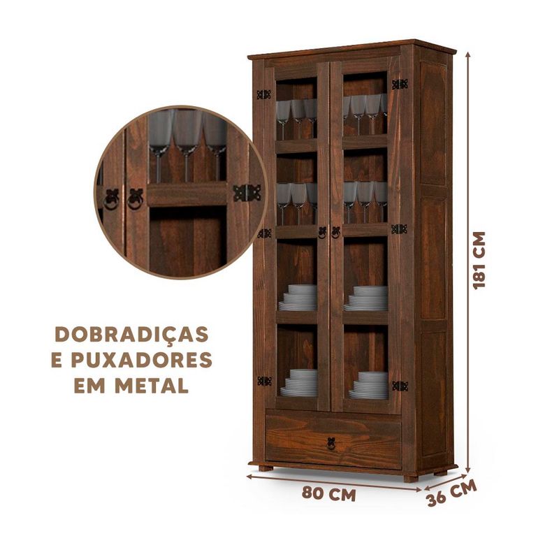 Cristaleira-Rustica-Madeira-Macica-2-Portas-Vidro-1-Gaveta-Imbuia-Classic-Shop-JM-04
