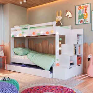 Treliche Solteiro Infantil 05 Nichos E Cama Auxiliar Branco Grady Shop JM