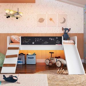 Cama Playground Com Escorregador E Lousa Branco Lumi Completa