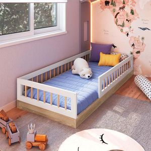 Cama Montessoriana Infantil Solteiro Com Colchão Branco Marrom Shop JM