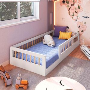 Cama Montessoriana Infantil Solteiro Com Colchão Branco Shop JM