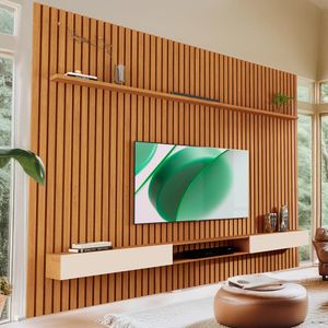 Painel Ripado Com Rack Suspenso TV Até 75 Polegadas 2.2 Nature Off White Veridian Shop JM