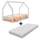 Cama Com Colchão Solteiro Casinha Madeira Maciça Branco-1739821681728