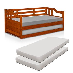 Sofá Cama Madeira Maciça Com Auxiliar E 2 Colchões Solteiro Castanho Atraente