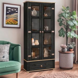 Cristaleira Rústica Madeira Maciça 2 Portas Vidro Preto Garapa D106 Denk