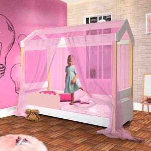Cama Montessoriana Rose Branco Com Voal Rosa Jhulia Divaloto